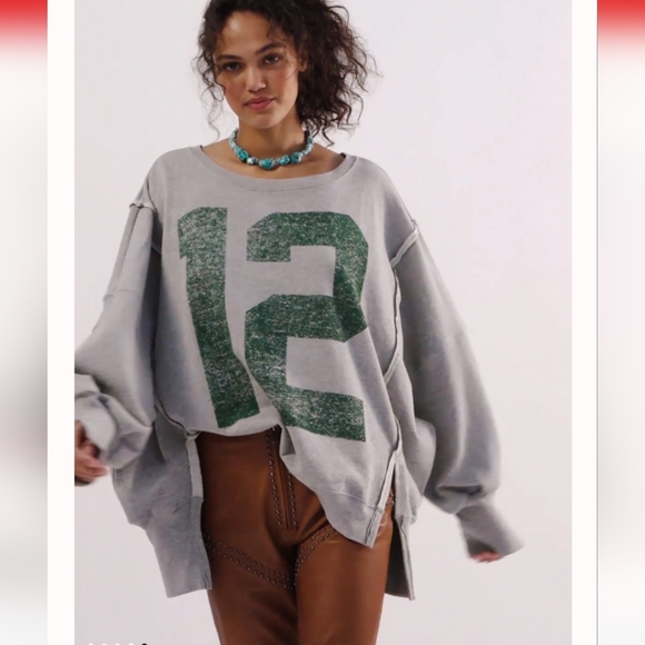 NWT FREE PEOPLE Camden Graphic "12" Gray Green We The Free Pullover - Picture 3 of 6